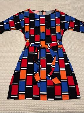 Geometric Block Print Dress in Red, Blue & Orange